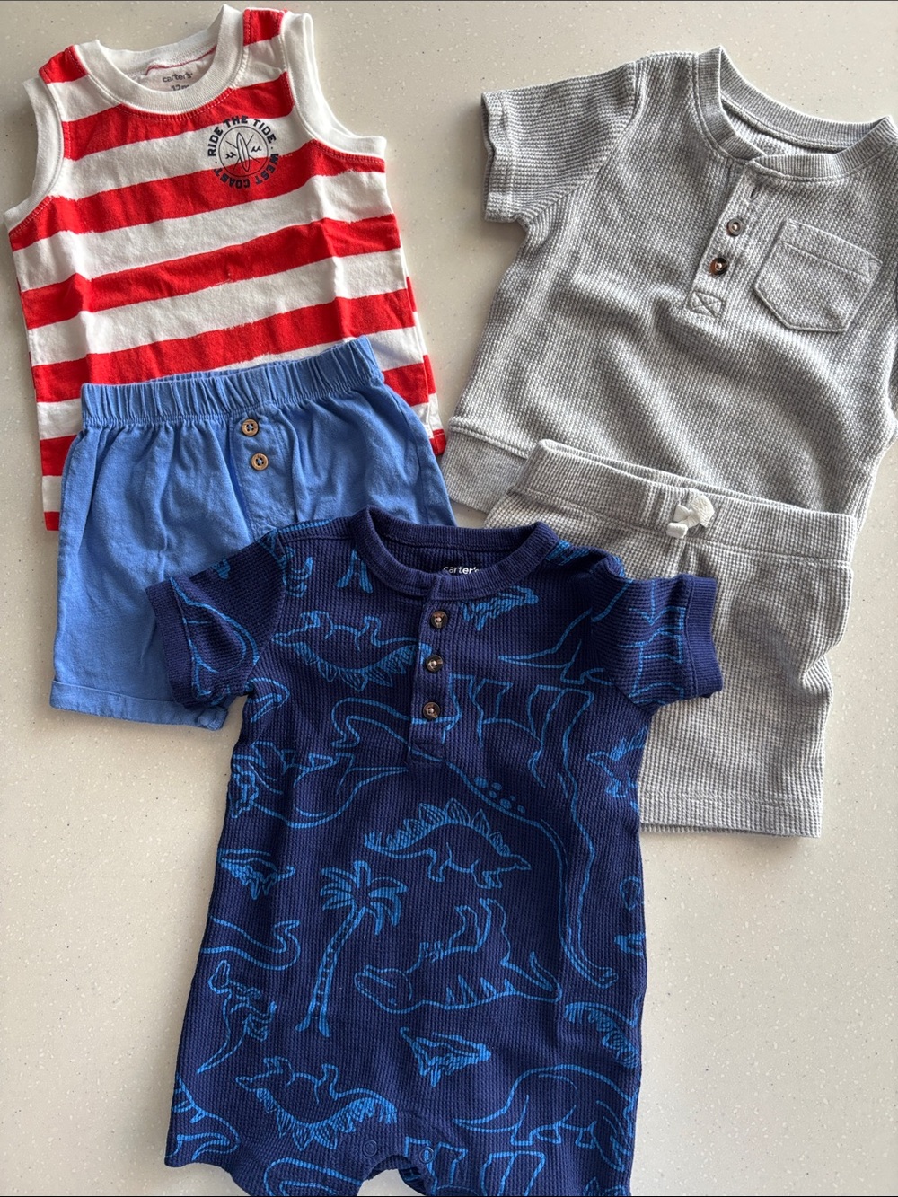 Carter's Bundle-Navy Dinosaur Henley Romper - Short Sleeve and 2 short sets